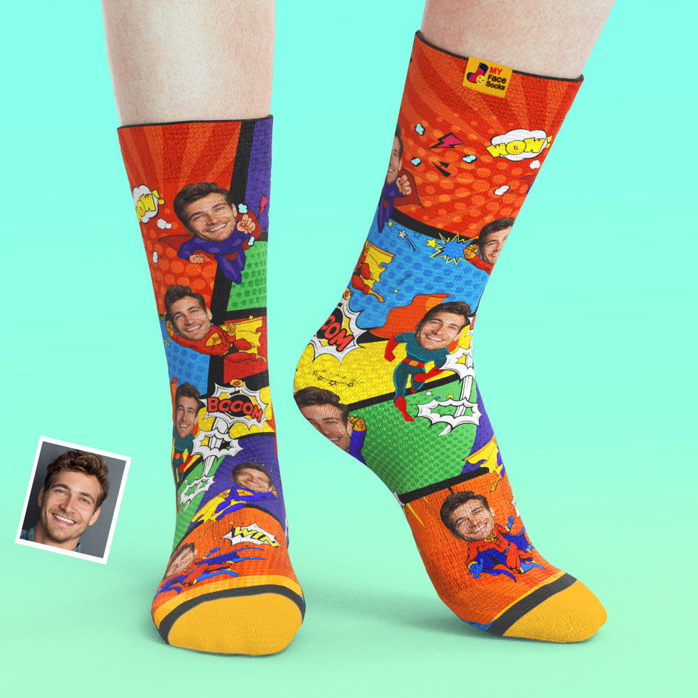 Personalised Superhero Face Socks – add photo & name; seamless custom photo socks with natural face cutout and bold superhero design