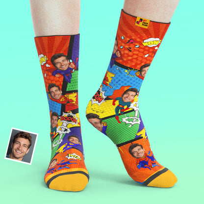 Personalised Superhero Face Socks – add photo & name; seamless custom photo socks with natural face cutout and bold superhero design