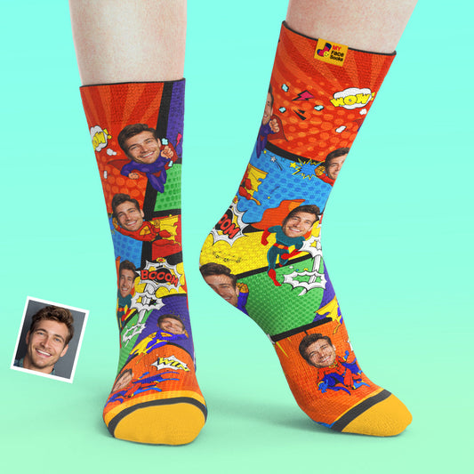 Personalised Superhero Face Socks – add photo & name; seamless custom photo socks with natural face cutout and bold superhero design