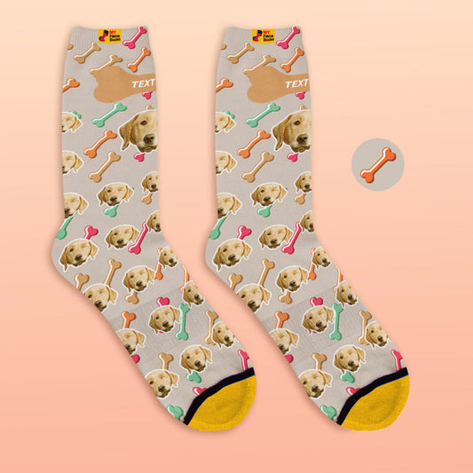 Pair of Personalised Face Socks featuring a repeated custom dog face and name — full‑colour sublimation print with seamless pattern and printed heel (upload photo)