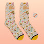 Pair of Personalised Face Socks featuring a repeated custom dog face and name — full‑colour sublimation print with seamless pattern and printed heel (upload photo)