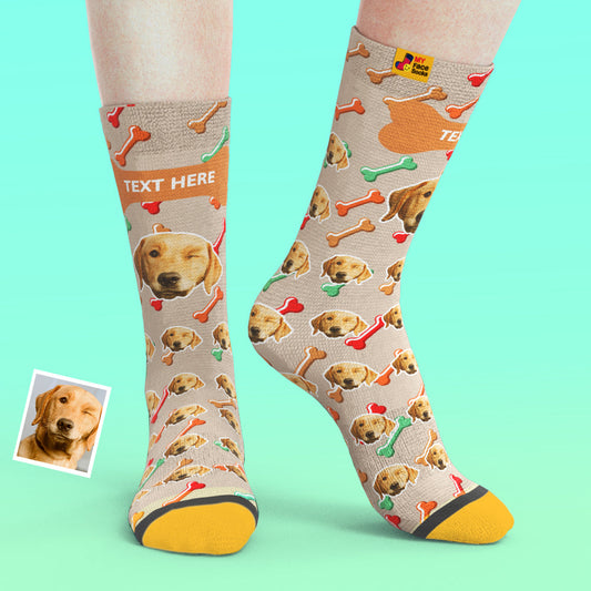 Pair of Personalised Face Socks featuring a repeated custom dog face and name — full‑colour sublimation print with seamless pattern and printed heel (upload photo)