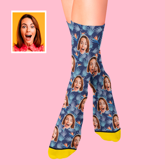 Custom 3D digital printed socks with Bird of Paradise design and personalised face cutout — full‑colour, seamless repeat personalised face socks on soft breathable polyester