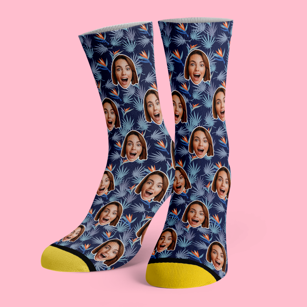 Custom 3D digital printed socks with Bird of Paradise design and personalised face cutout — full‑colour, seamless repeat personalised face socks on soft breathable polyester