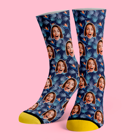 Custom 3D digital printed socks with Bird of Paradise design and personalised face cutout — full‑colour, seamless repeat personalised face socks on soft breathable polyester