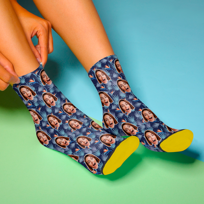 Close‑up of personalised face socks showing coordinating Bird of Paradise heel print that protects the customised image — high‑resolution 3D digital print on polyester