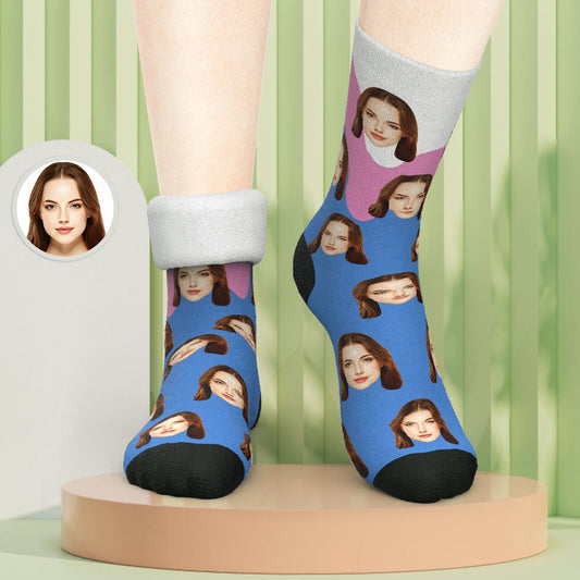 Custom photo thick socks with personalised melting-ice-cream design showing a clear face print — cosy, warm novelty socks, perfect personalised gift in the UK and Australia