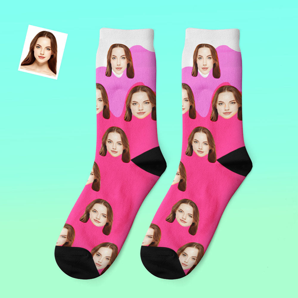 Model wearing personalised melting-ice-cream socks — cosy home socks with custom face print, thoughtful personalised gift for family and friends