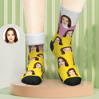 Close-up of personalised photo on melting-ice-cream socks — high-quality print on thick, wool-effect fabric, ideal custom photo gift