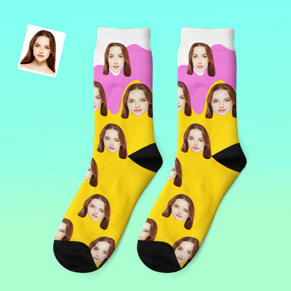 Pair of personalised melting-ice-cream thick socks laid flat with matching face prints — warm winter socks, great for Mother's Day, Valentine's or graduation gifts