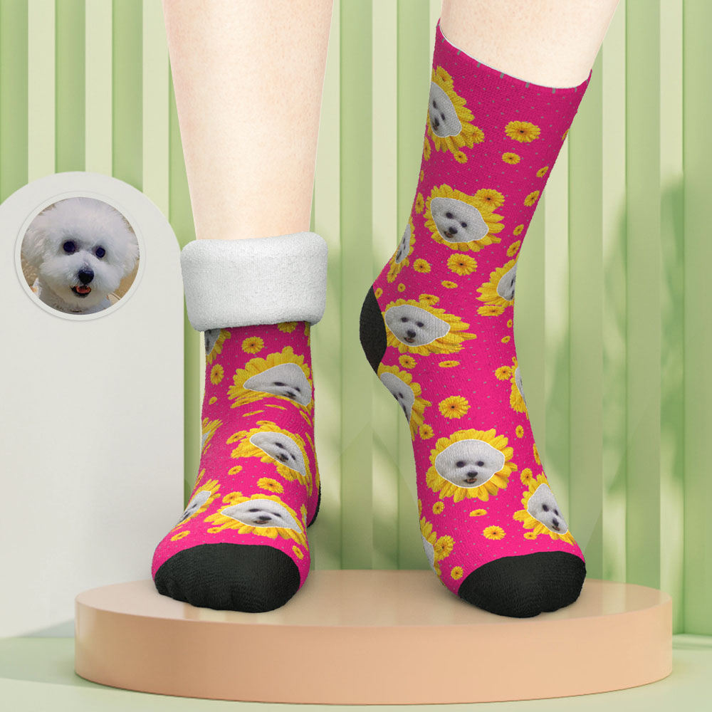 Close-up of Little Daisy personalised thick socks in colourful print — detailed custom photo print on warm, cosy home socks