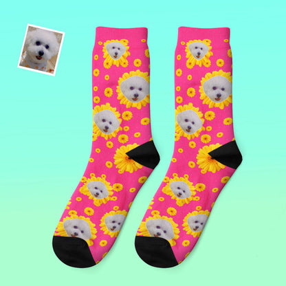 Pair of Little Daisy personalised warm socks worn on feet — custom photo novelty socks ideal as personalised gifts for her or him