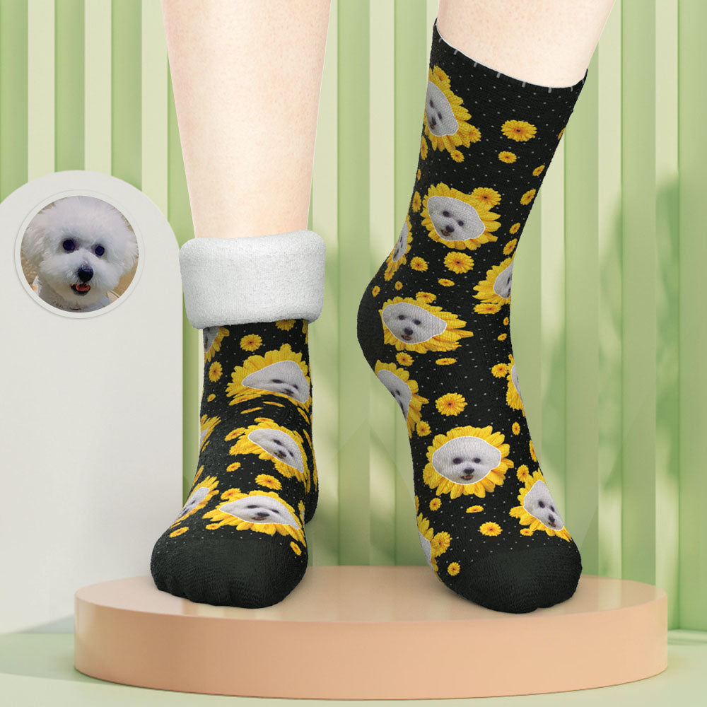 Flat lay Little Daisy personalised thick socks — colourful custom photo design, perfect cosy socks for winter, Christmas and housewarming gifts