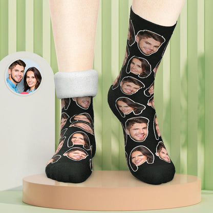 Close-up of personalised photo thick socks showing a cropped face print and cosy insulated texture — ideal warm winter couple gift