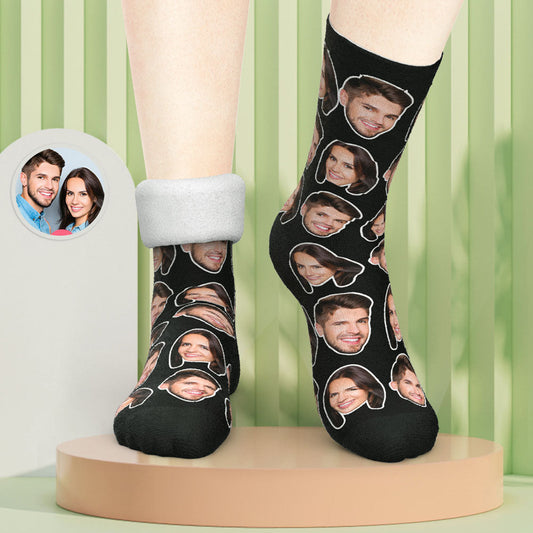 Close-up of personalised photo thick socks showing a cropped face print and cosy insulated texture — ideal warm winter couple gift