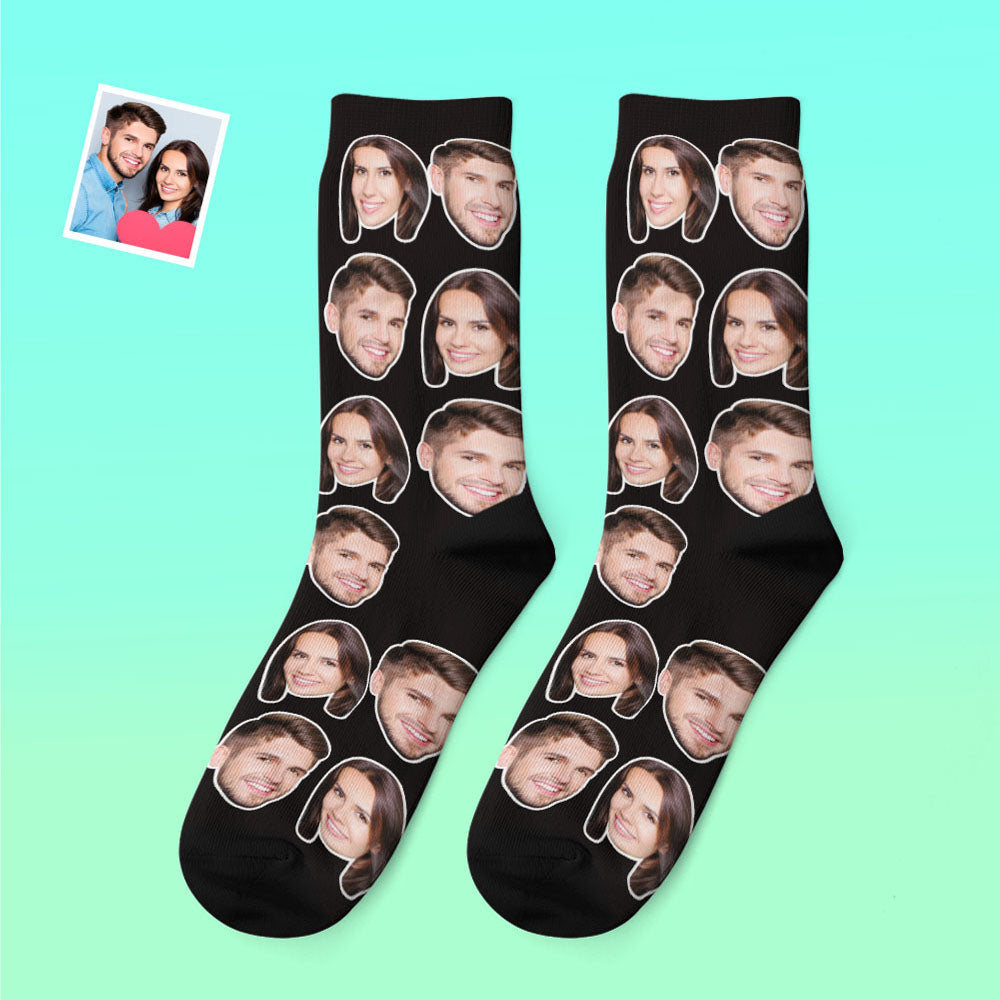 Close-up of personalised photo thick socks showing a cropped face print and cosy insulated texture — ideal warm winter couple gift