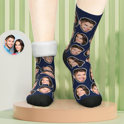 Pair of personalised face socks laid flat, showcasing a crisp custom photo print on soft, stretchy fabric — a thoughtful personalised photo gift for couples