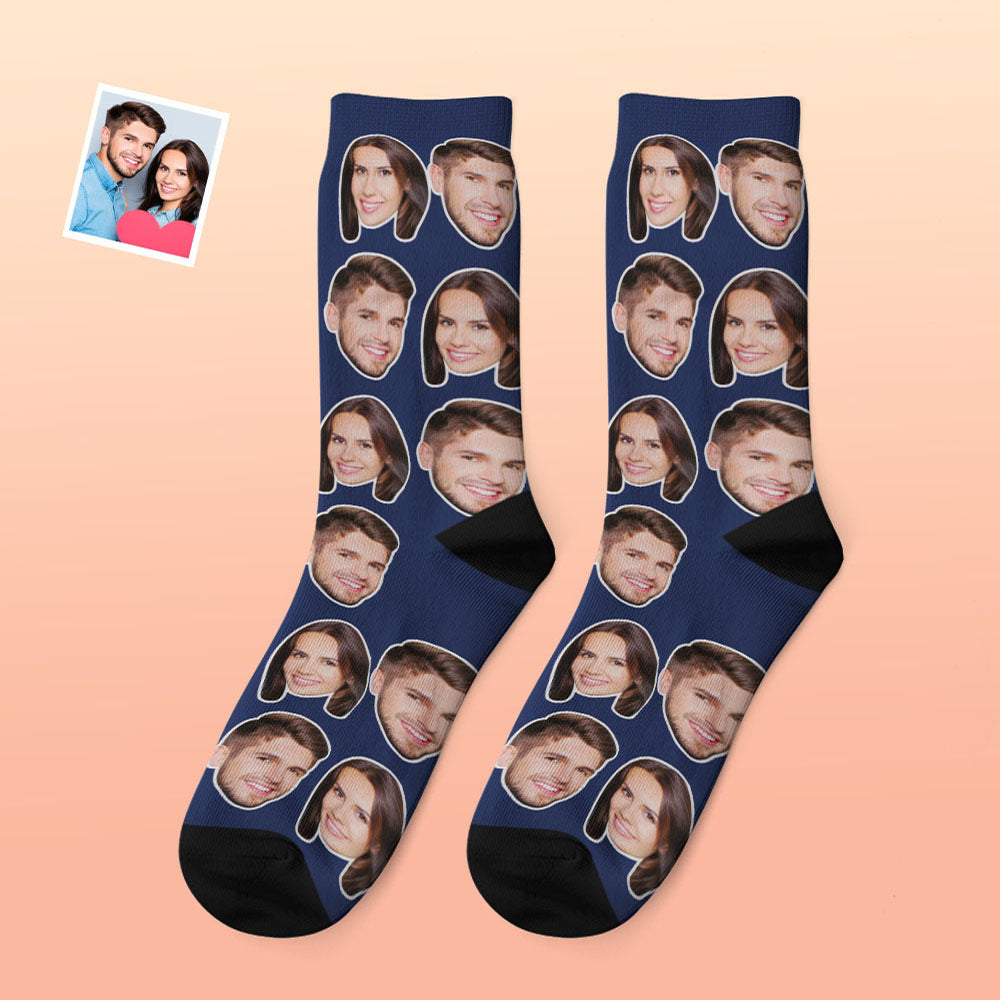 Model wearing custom photo socks indoors, demonstrating the thick, cosy polyester‑Lycra blend and comfortable fit — perfect personalised winter socks for him or her