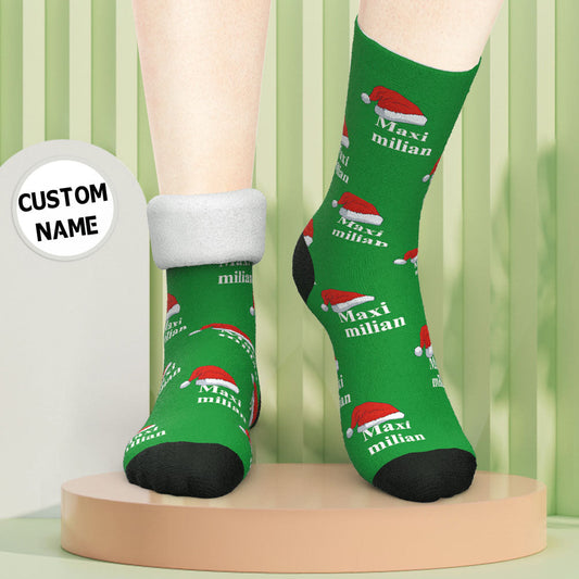 Custom engraved thick socks featuring a personalised face photo and name — cosy winter Christmas gift