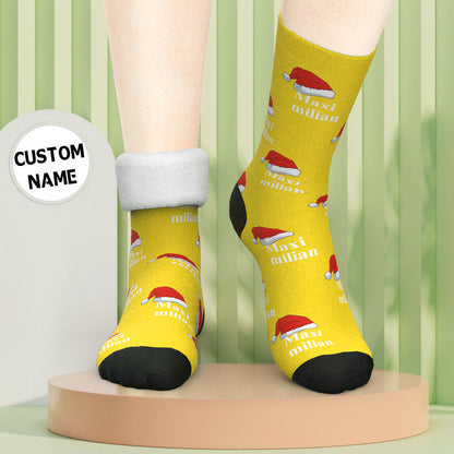 Thick wool-like personalised socks showing cosy lining and stretch fabric — perfect for cold weather