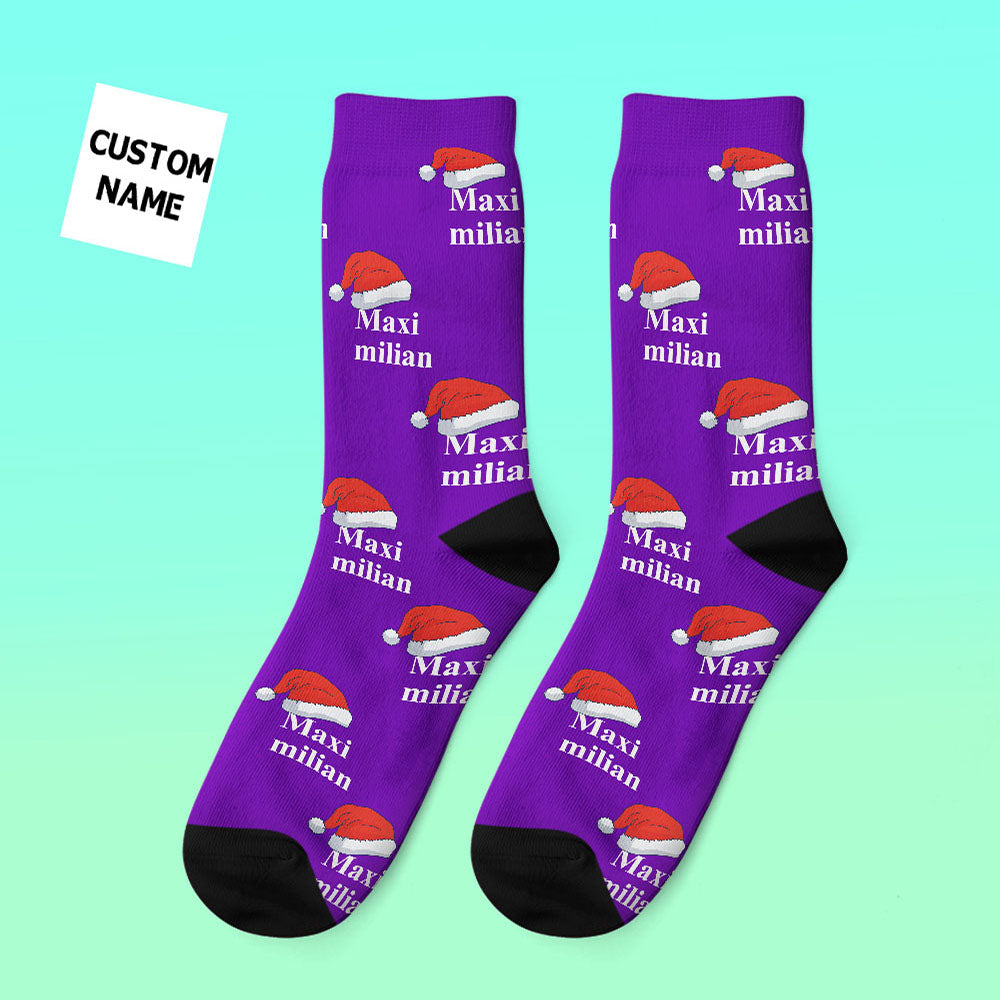 Pair of custom name socks displayed flat with personalised text and photo — warm, cosy Christmas present