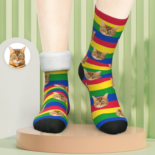 Custom Photo Thick Socks showing personalised face print on bright rainbow stripes — cosy winter socks made from soft polyester‑Lycra, ideal personalised photo gift