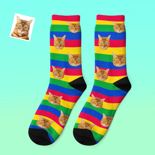 Custom Photo Thick Socks showing personalised face print on bright rainbow stripes — cosy winter socks made from soft polyester‑Lycra, ideal personalised photo gift