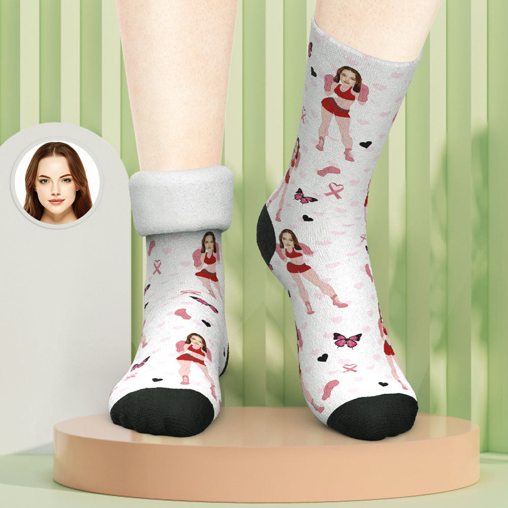 Pair of personalised custom photo thick socks with a funny face print — cosy plush winter gift for Christmas or Valentine's
