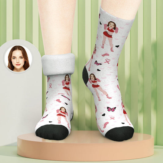 Pair of personalised custom photo thick socks with a funny face print — cosy plush winter gift for Christmas or Valentine's