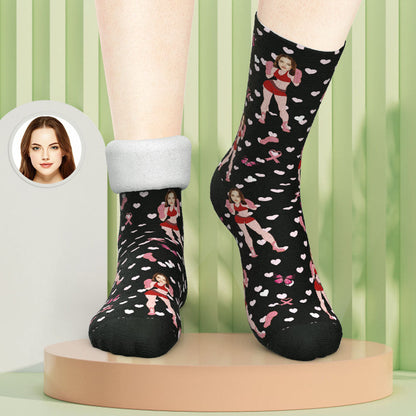 Close-up of personalised custom photo thick socks showing soft 95% polyester and 5% Lycra plush knit — warm thick socks for winter
