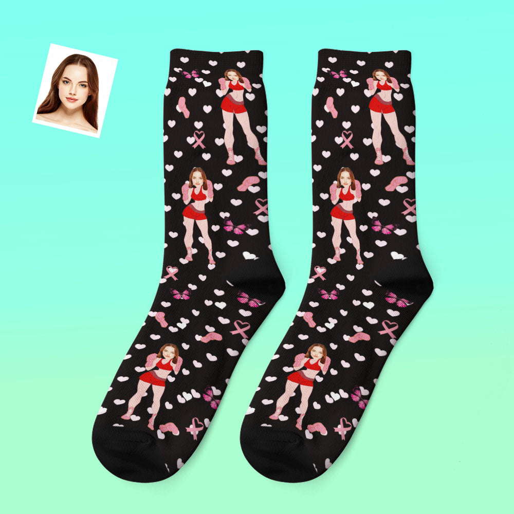 Person wearing personalised custom photo thick socks with a funny face design — thick, warm novelty socks ideal as a personalised winter gift