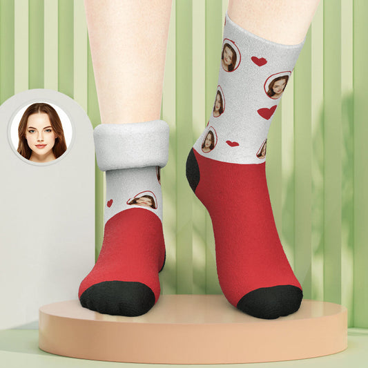 Custom Photo Thick Socks close-up showing a personalised face cutout on cosy, warm thick socks — perfect personalised winter gift