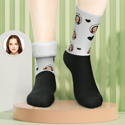 Close-up of personalised face print on thick warm socks with high-quality photo printing — custom photo thick socks for a unique gift