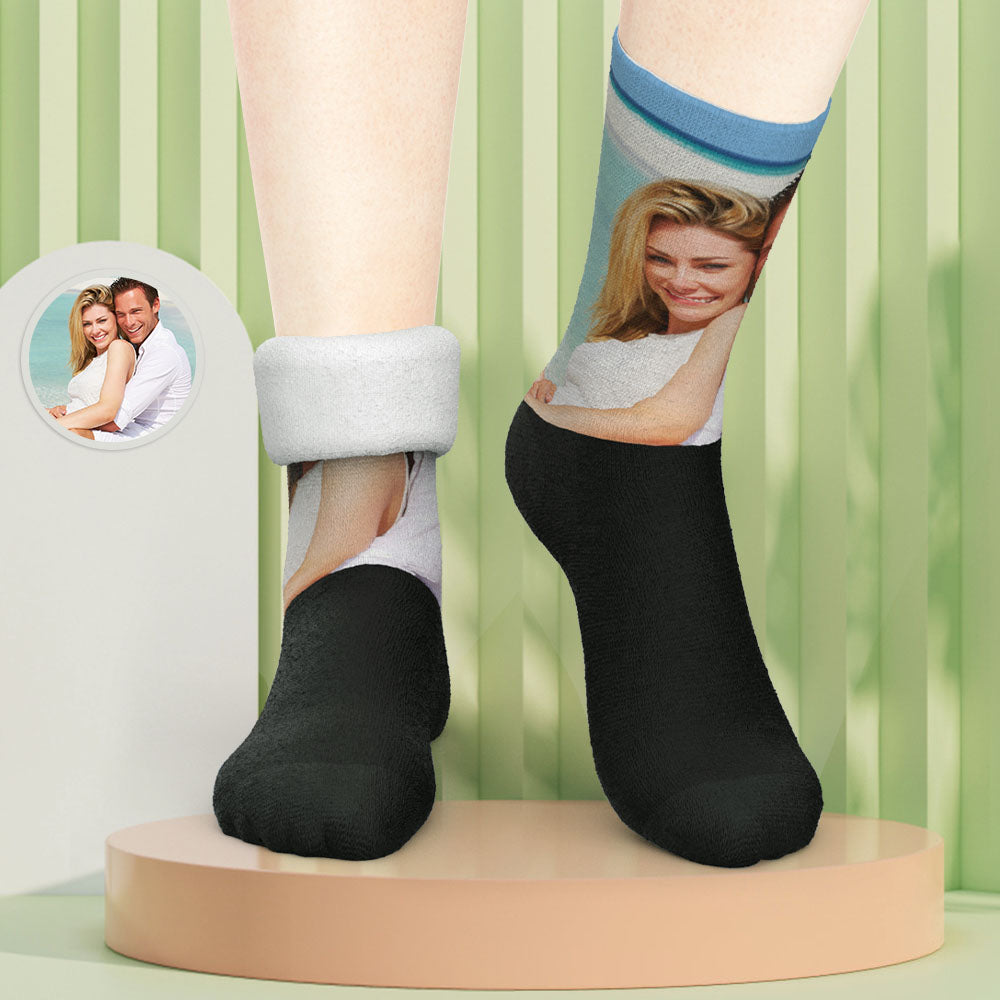Close-up of custom face print on thick wool-like personalised socks showing high-quality detail