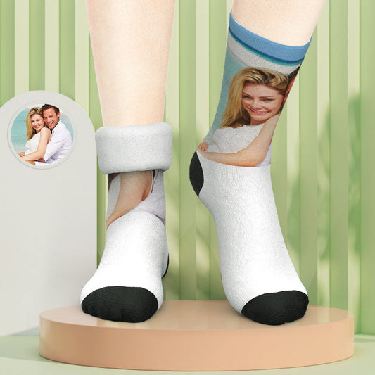 Pair of personalised photo thick socks with printed couple faces, cosy winter socks — custom face socks gift