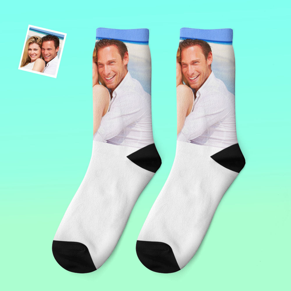Pair of personalised photo thick socks with printed couple faces, cosy winter socks — custom face socks gift