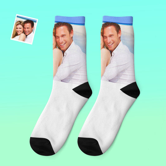 Pair of personalised photo thick socks with printed couple faces, cosy winter socks — custom face socks gift