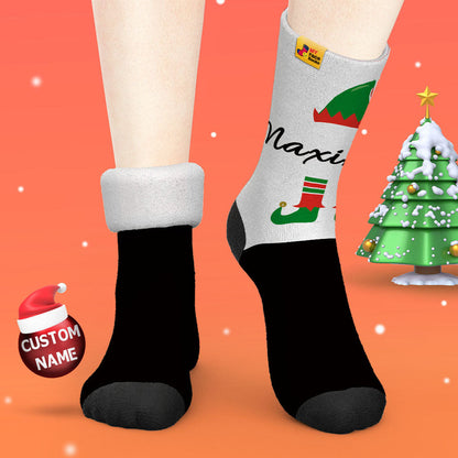 Thick cosy personalised socks showing custom text on cuff – warm winter socks and personalised gift idea