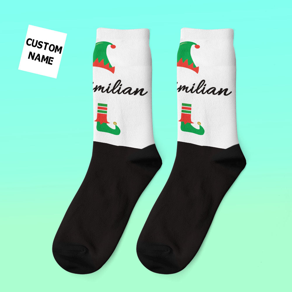 Model wearing personalised face socks at home – soft, warm winter socks perfect as a personalised photo gift