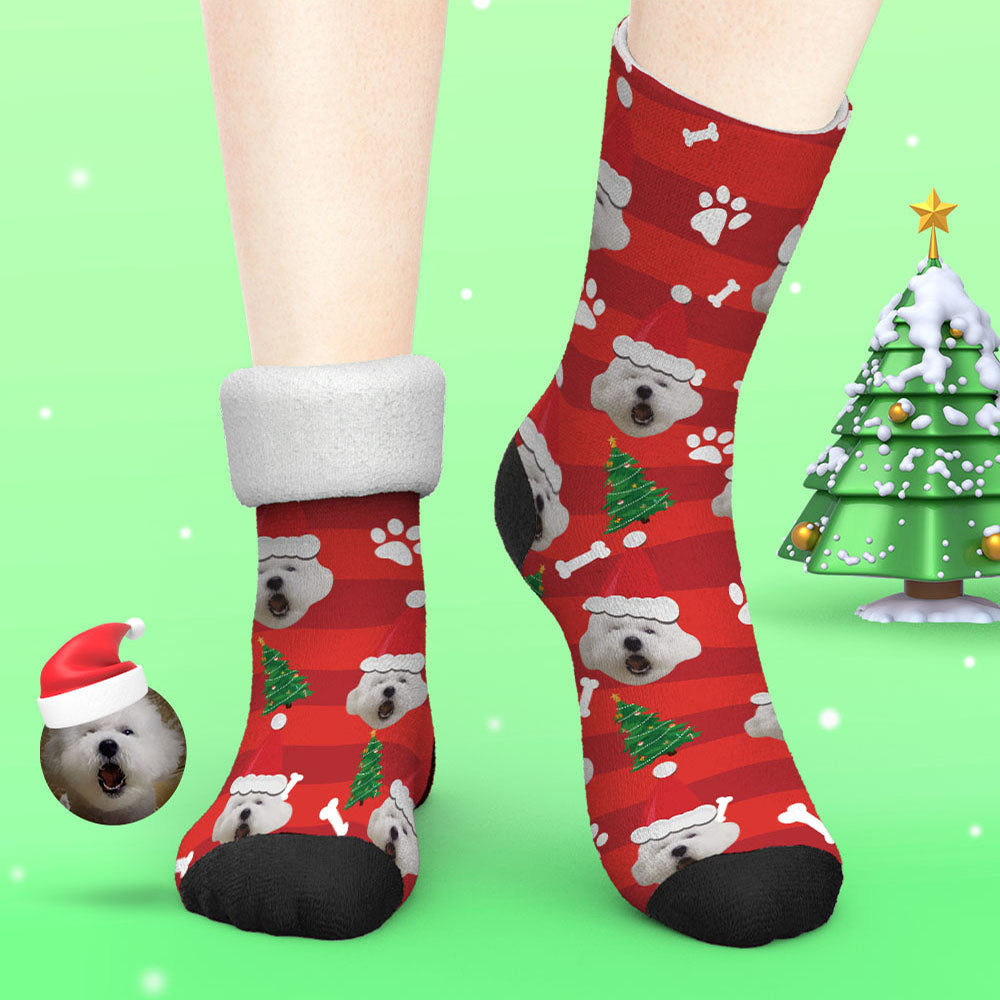 Pair of personalised thick Christmas socks with customised photo inside a Santa hat design – ideal personalised pet gifts