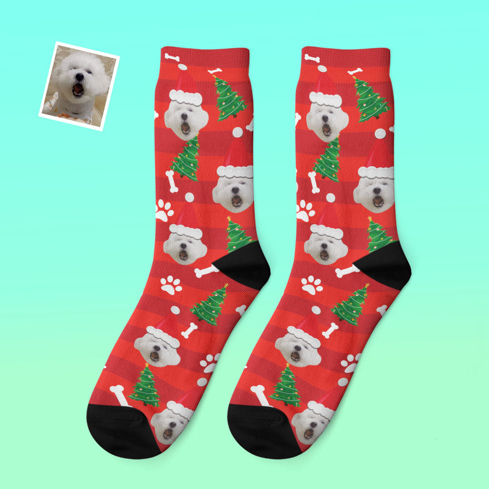 Close-up of personalised photo thick socks highlighting wool-style knit texture and vibrant Santa hat print – warm festive socks