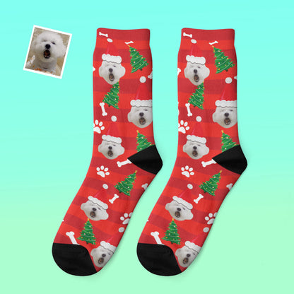 Close-up of personalised photo thick socks highlighting wool-style knit texture and vibrant Santa hat print – warm festive socks