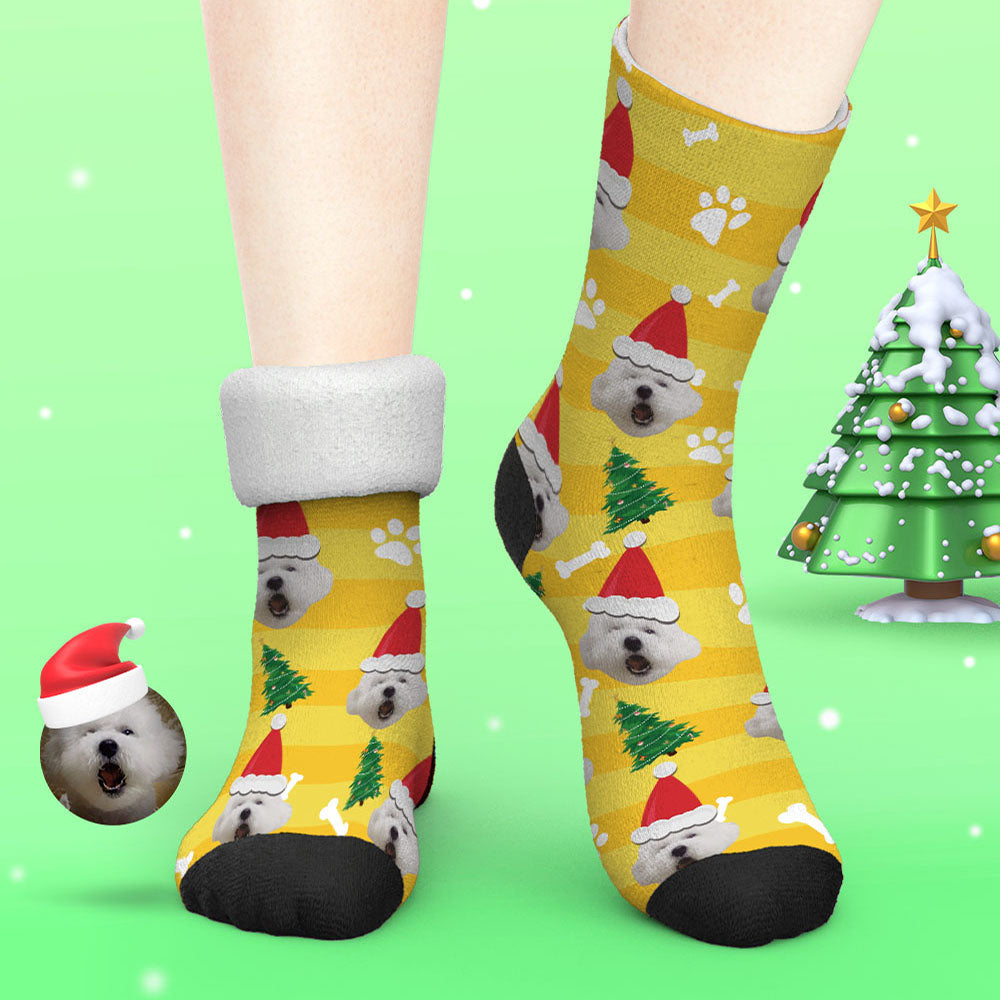 Custom face socks in Santa hat design displayed flat – personalised Christmas stocking filler for pet owners and family