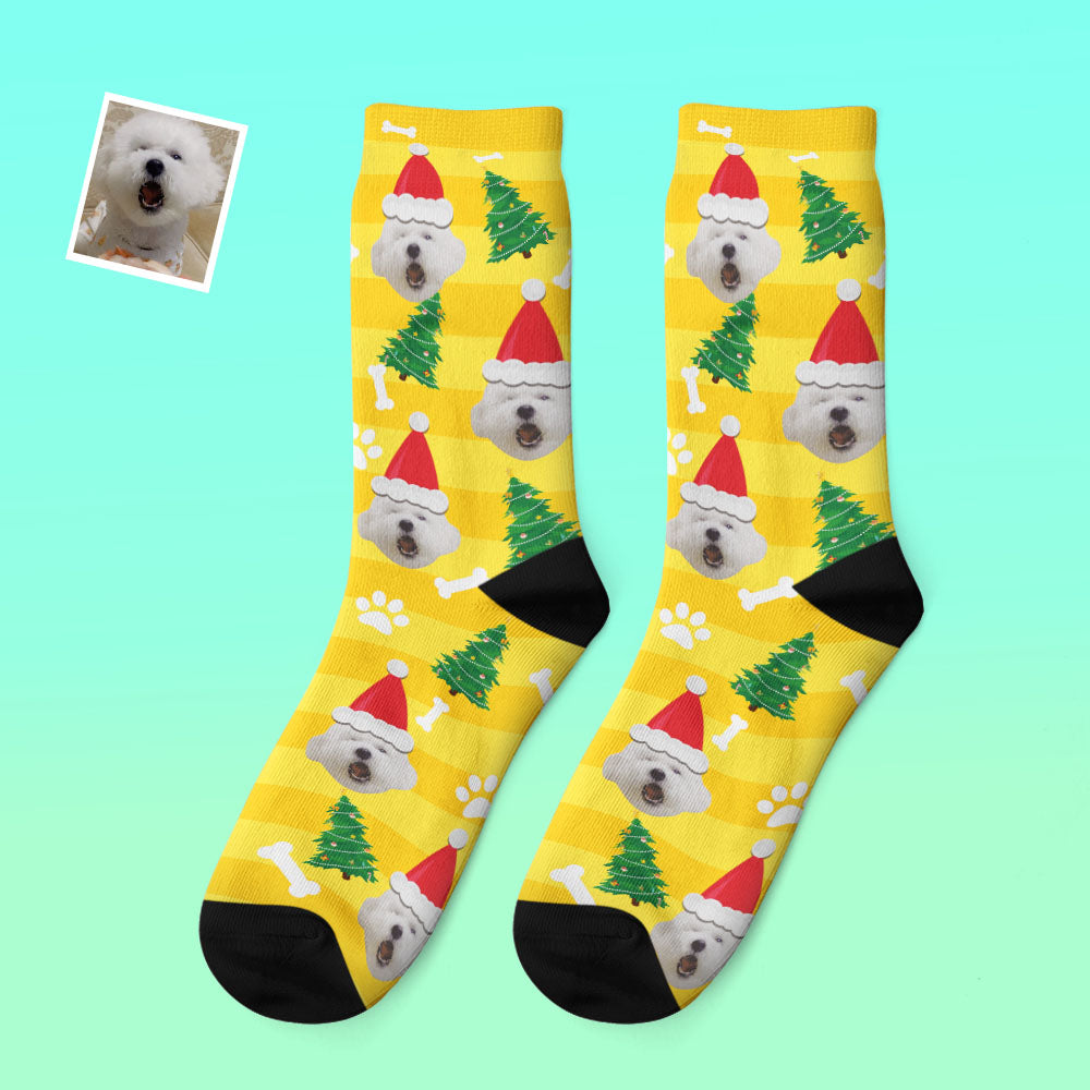 Personalised thick socks modelled on feet showing snug fit and festive Santa hat photograph – perfect Christmas pet gift