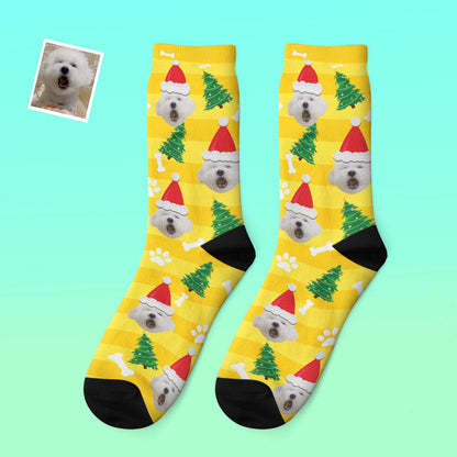 Personalised thick socks modelled on feet showing snug fit and festive Santa hat photograph – perfect Christmas pet gift