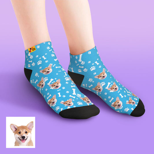 Custom dog face low-cut ankle socks flat-lay — personalised pet socks with clear dog photo