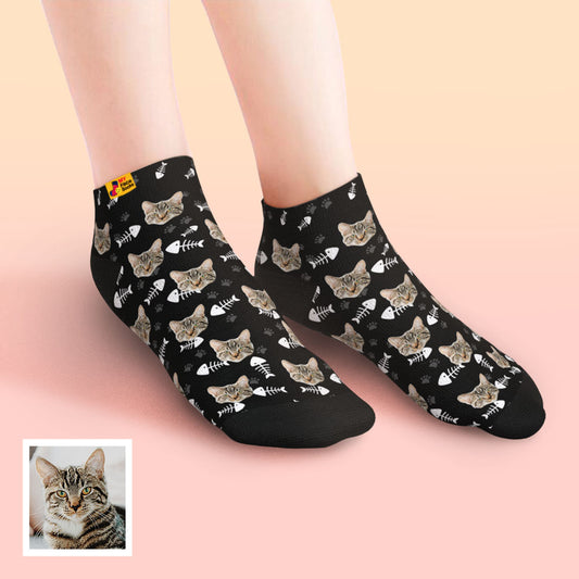 Personalised low-cut ankle socks with custom cat face print perfect cat lover gift