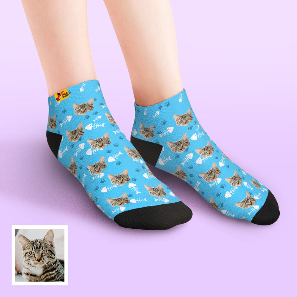 Pair of personalised cat socks laid flat showing full custom face design ideal gift