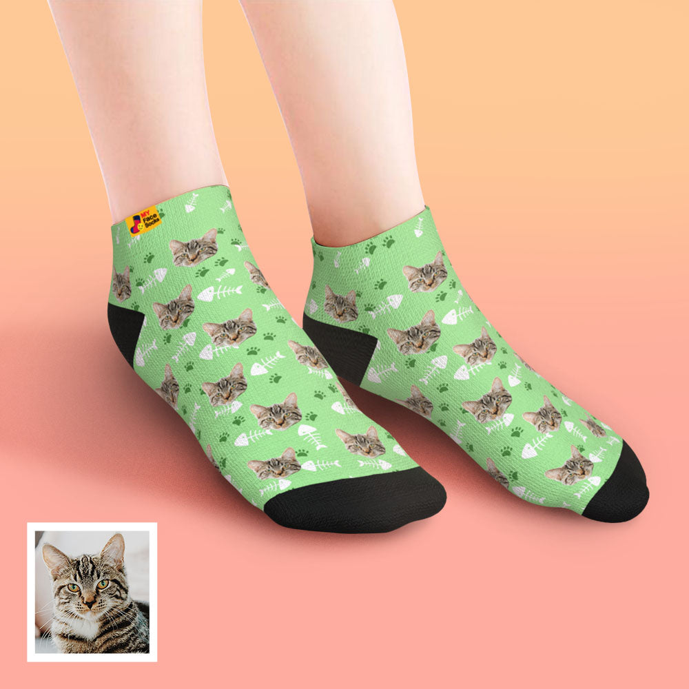 Heel and cuff detail on personalised cat socks breathable polyester low-cut design