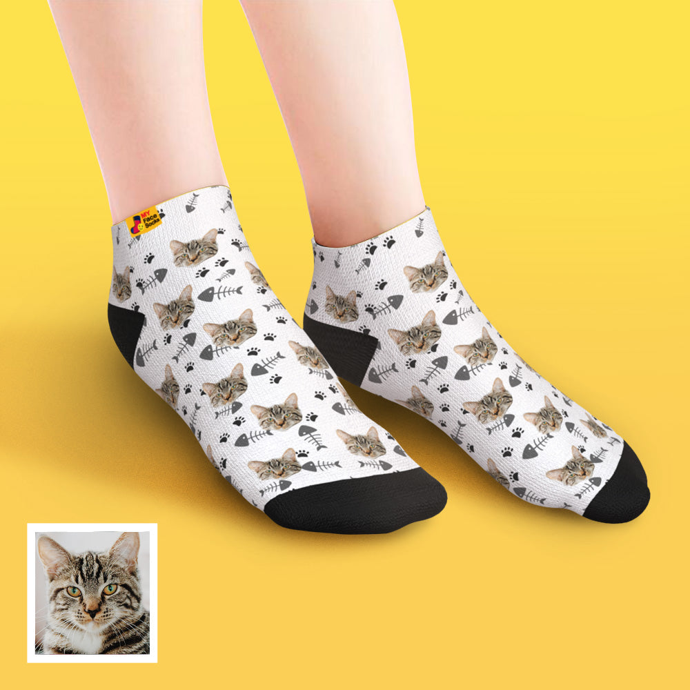 Custom cat face socks shown on feet subtle low-cut profile casual wear